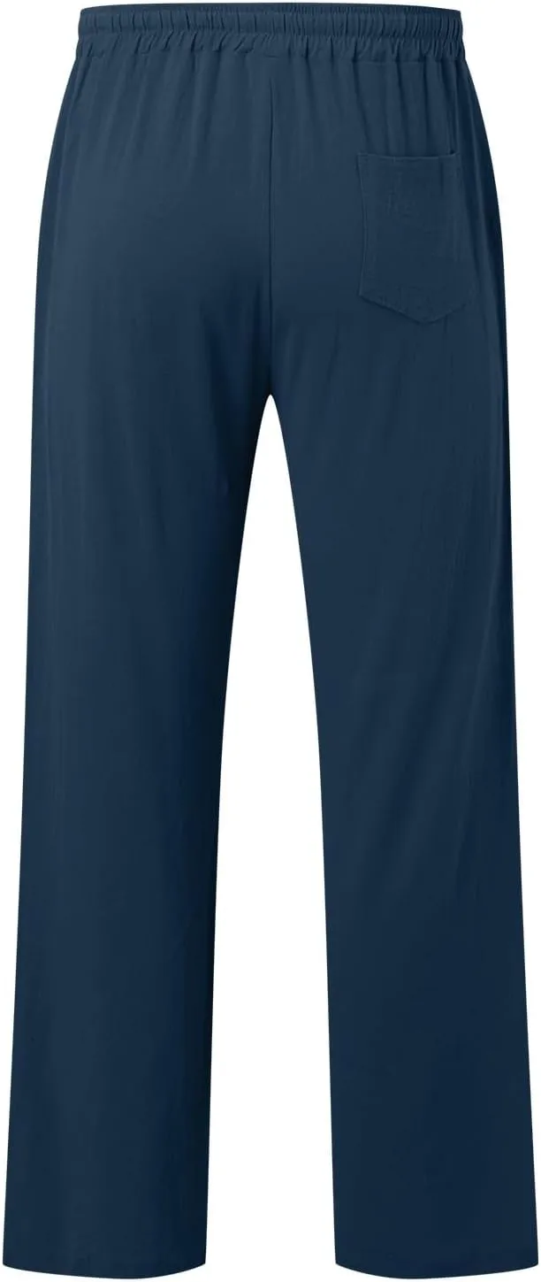 Men's Cotton Pants Lightweight Solid Color Pants Drawstring Elastic Waist Wide Leg Trouser Leisure and Daily Wear