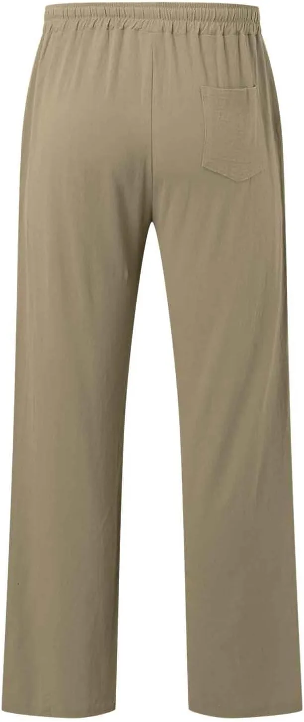 Men's Cotton Pants Lightweight Solid Color Pants Drawstring Elastic Waist Wide Leg Trouser Leisure and Daily Wear
