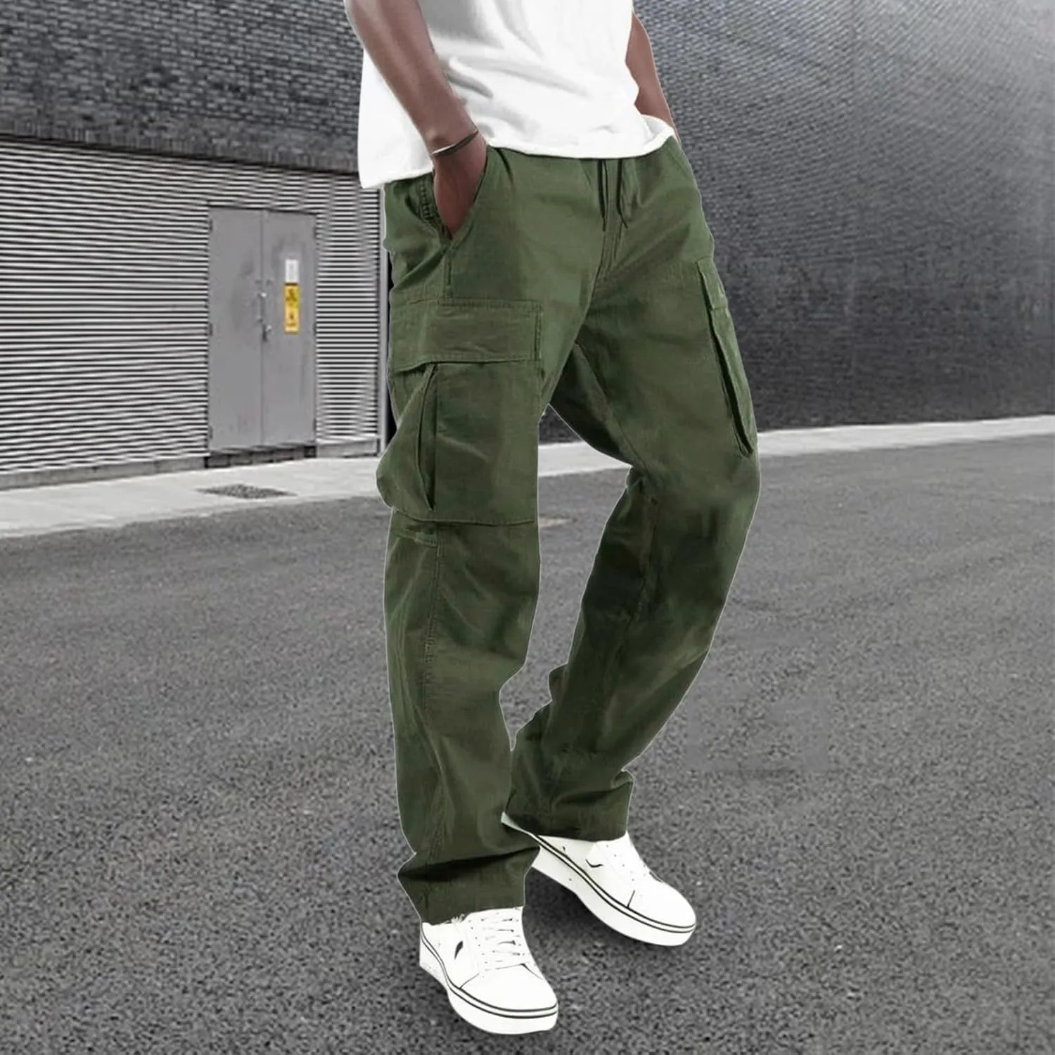 Mens Drawstring Cargo Pants Casual Stretch Waist Sweatpants Running Athletic Tactical Trousers Hiking Pants with Pockets