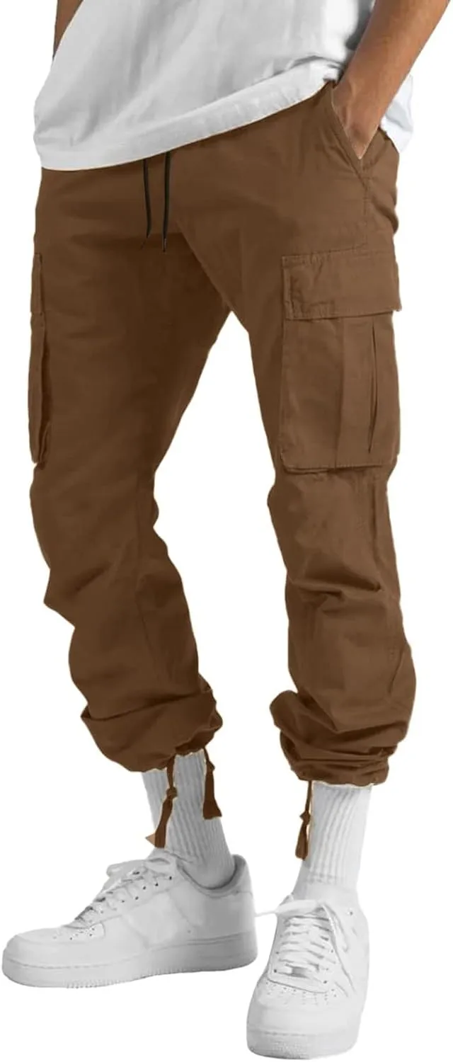 Mens Drawstring Cargo Pants Casual Stretch Waist Sweatpants Running Athletic Tactical Trousers Hiking Pants with Pockets