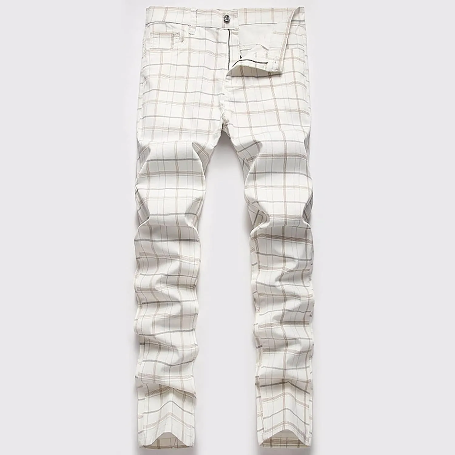 Mens Dress Pants Slim Fit Stretch Striped Plaid Denim Suit Pants Fashion Cotton Slacks Work Jean Straight Legs