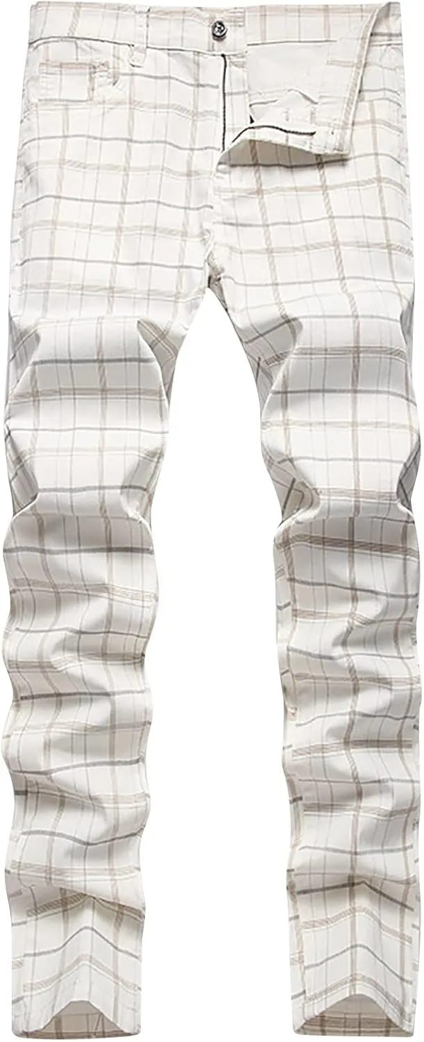 Mens Dress Pants Slim Fit Stretch Striped Plaid Denim Suit Pants Fashion Cotton Slacks Work Jean Straight Legs