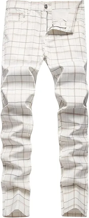 Mens Dress Pants Slim Fit Stretch Striped Plaid Denim Suit Pants Fashion Cotton Slacks Work Jean Straight Legs