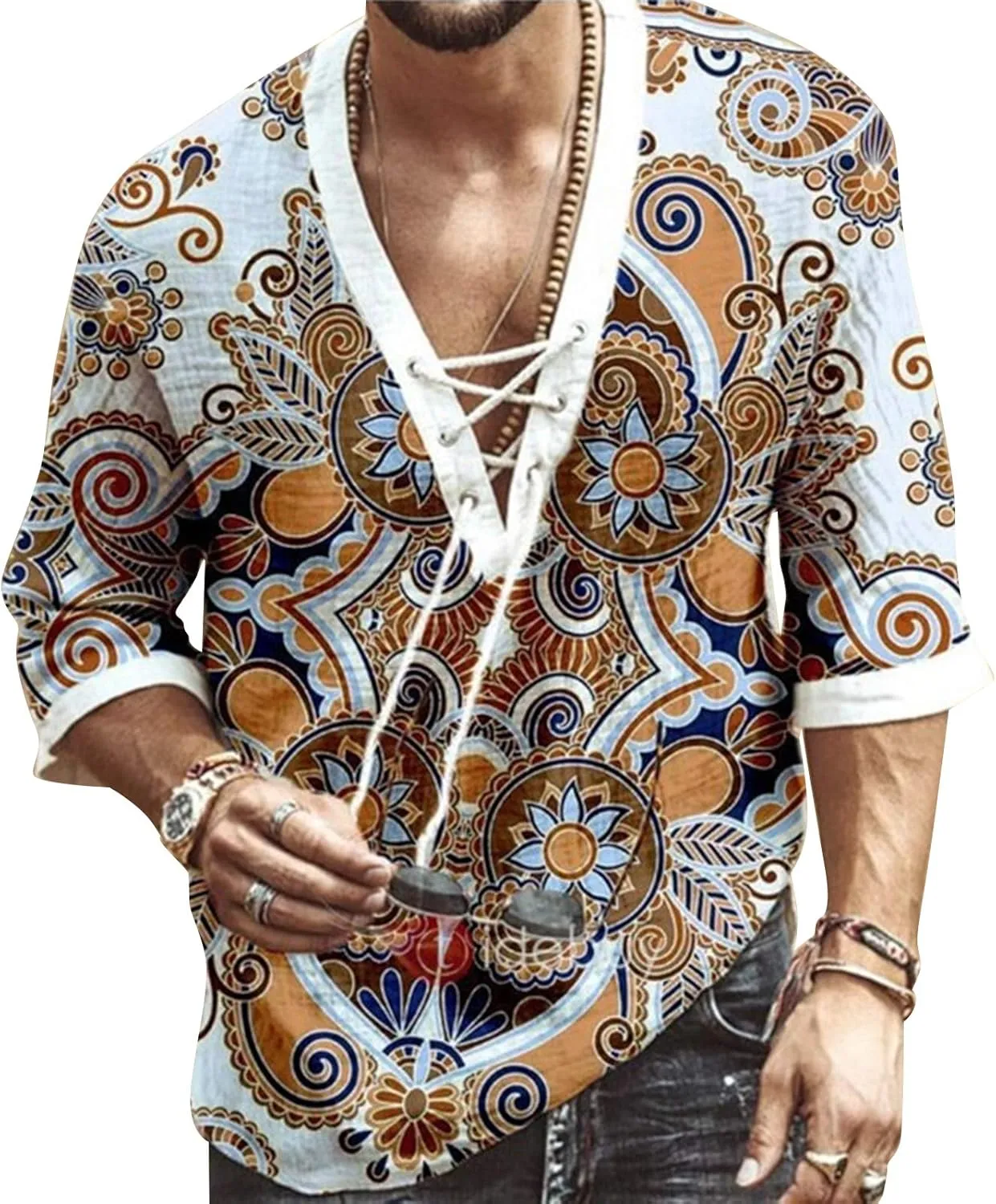 Men's Fashion Shirt Short Sleeve Beach V-Neck Drawstring Printing Yoga African Summer Top