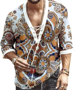 Men's Fashion Shirt Short Sleeve Beach V-Neck Drawstring Printing Yoga African Summer Top