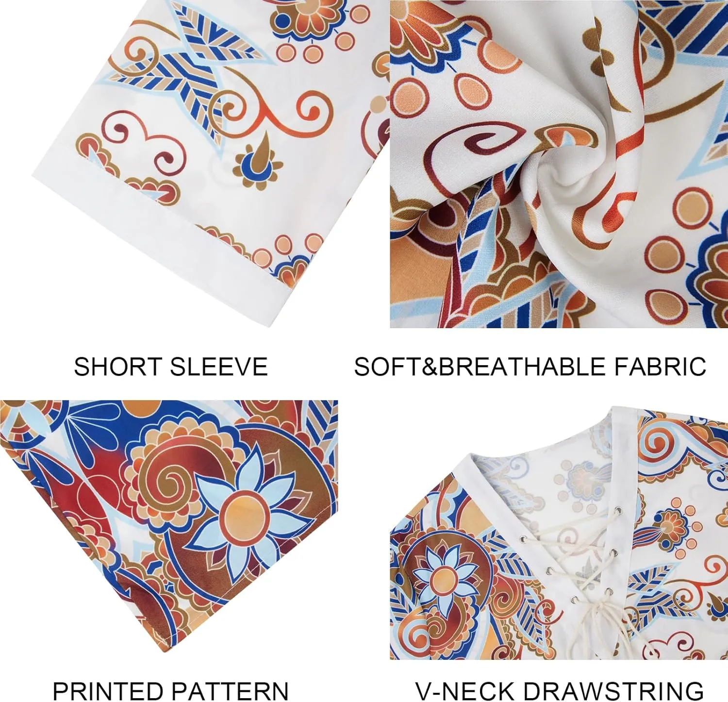 Men's Fashion Shirt Short Sleeve Beach V-Neck Drawstring Printing Yoga African Summer Top