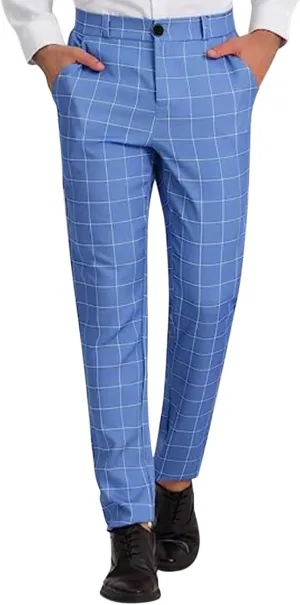 Mens Fashion Slim Fit Dress Pants Casual Work Plaid Skinny Straight Leg Pants Flat Front Business Golf Dress Pants Chinos
