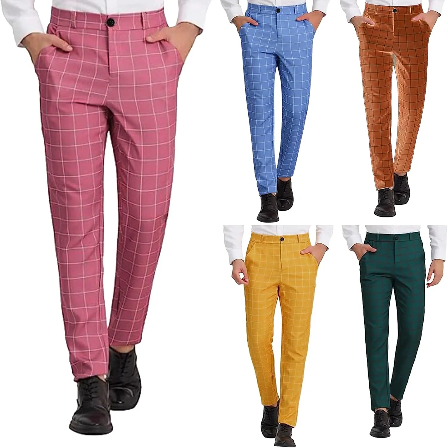 Mens Fashion Slim Fit Dress Pants Casual Work Plaid Skinny Straight Leg Pants Flat Front Business Golf Dress Pants Chinos