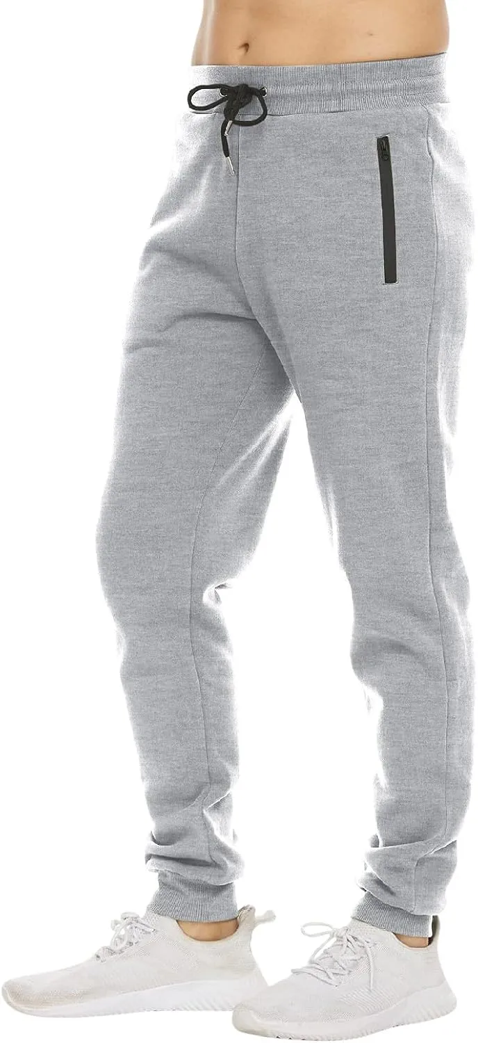 Mens Fleece Casual Sweatpants with Zipper Pockets Plus Size Solid Slim Fit Baggy Joggers Outdoor Atheltic Jogging Trousers