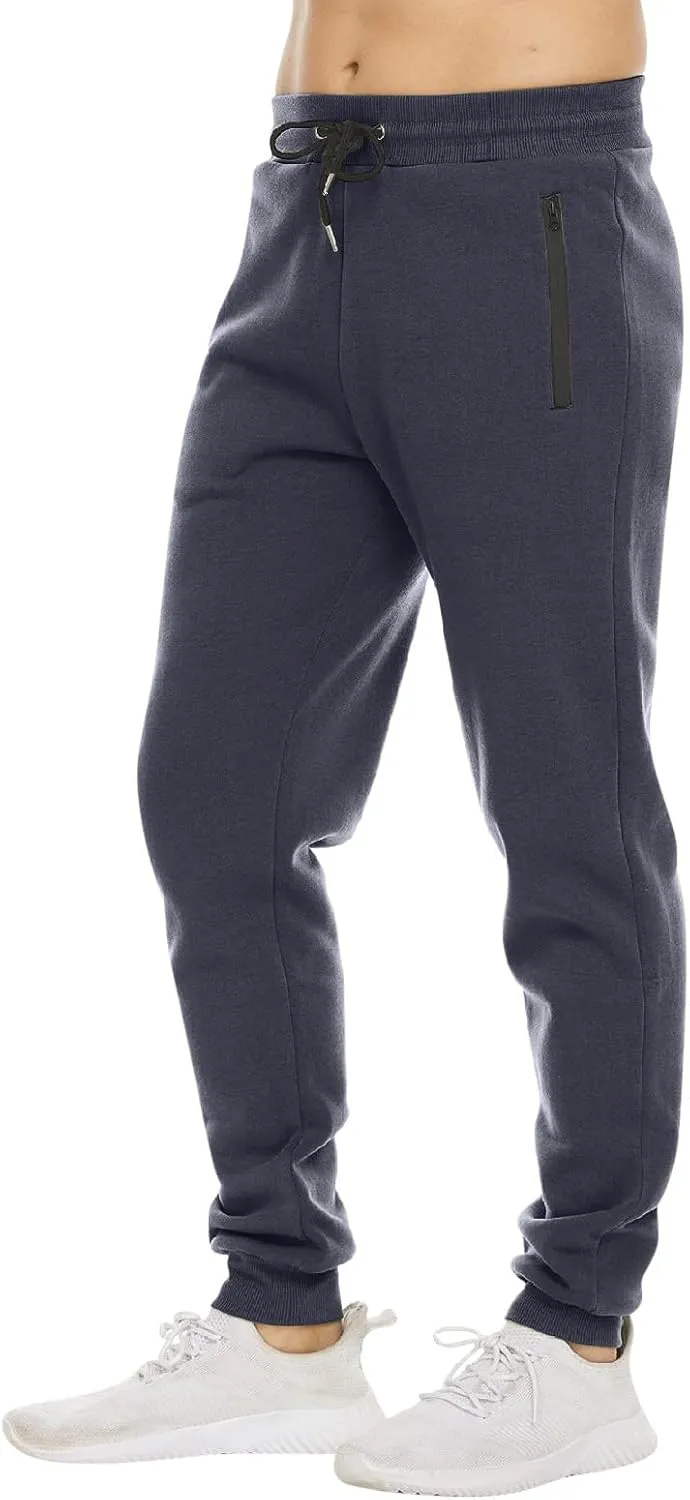 Mens Fleece Casual Sweatpants with Zipper Pockets Plus Size Solid Slim Fit Baggy Joggers Outdoor Atheltic Jogging Trousers