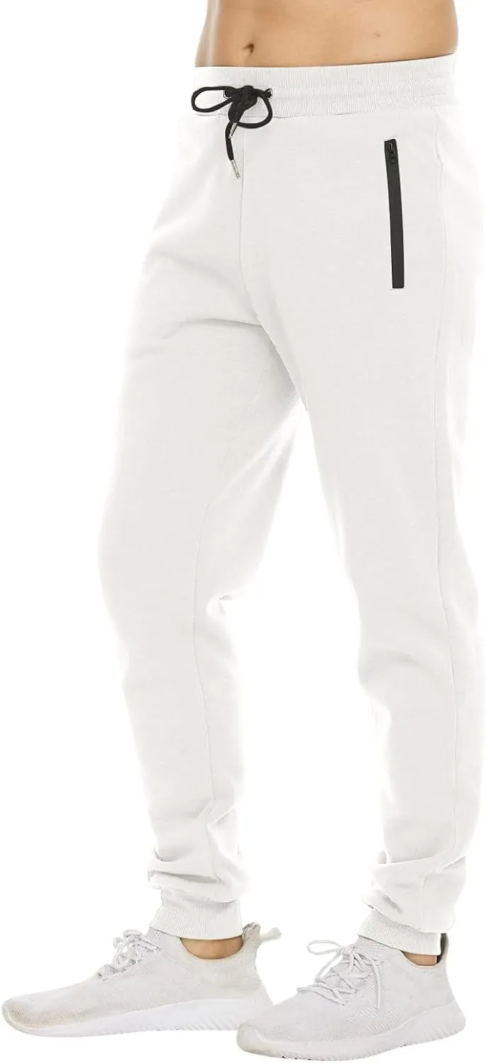Mens Fleece Casual Sweatpants with Zipper Pockets Plus Size Solid Slim Fit Baggy Joggers Outdoor Atheltic Jogging Trousers