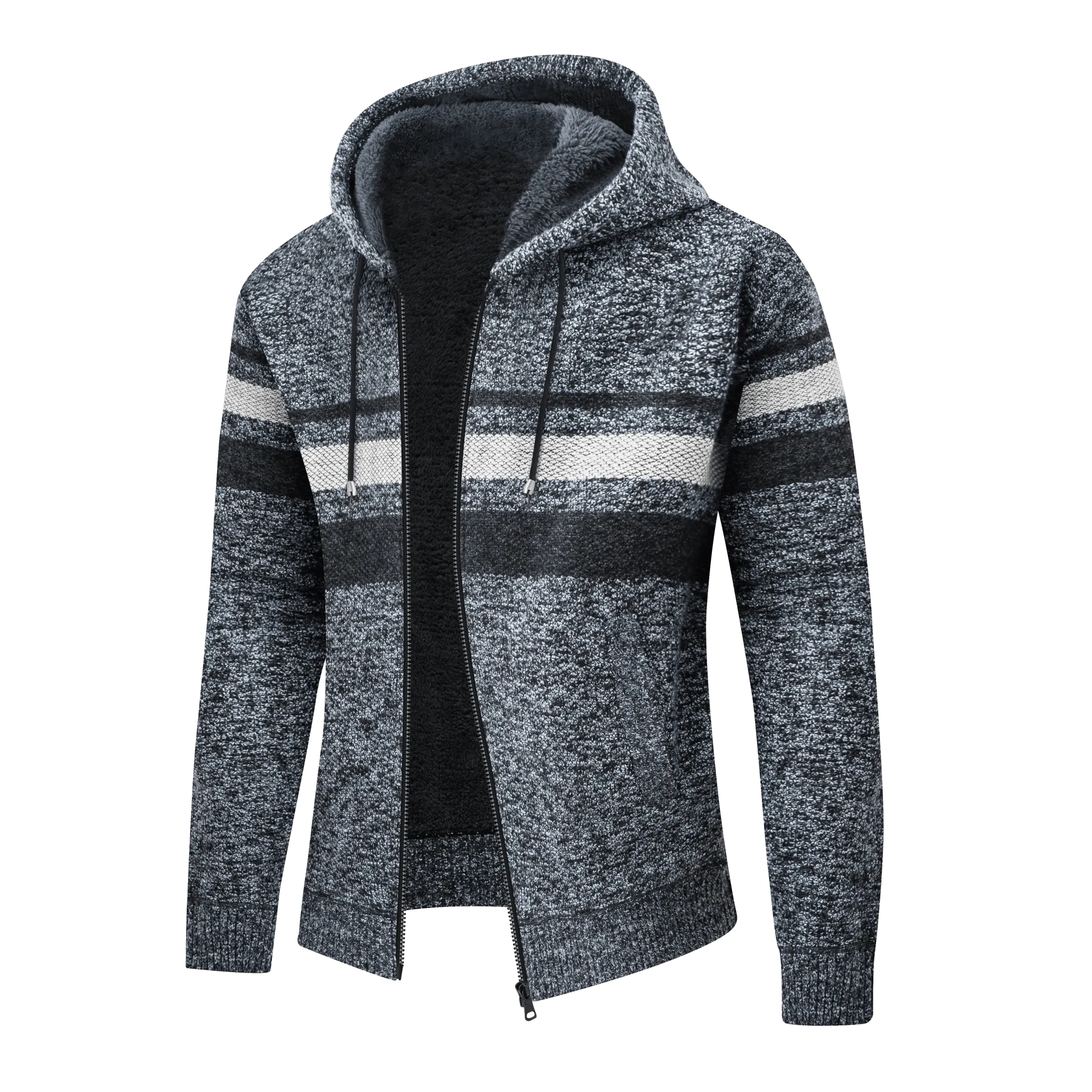 Men's Full Zipper Stripe Fleece Hoodie-ZPK005860
