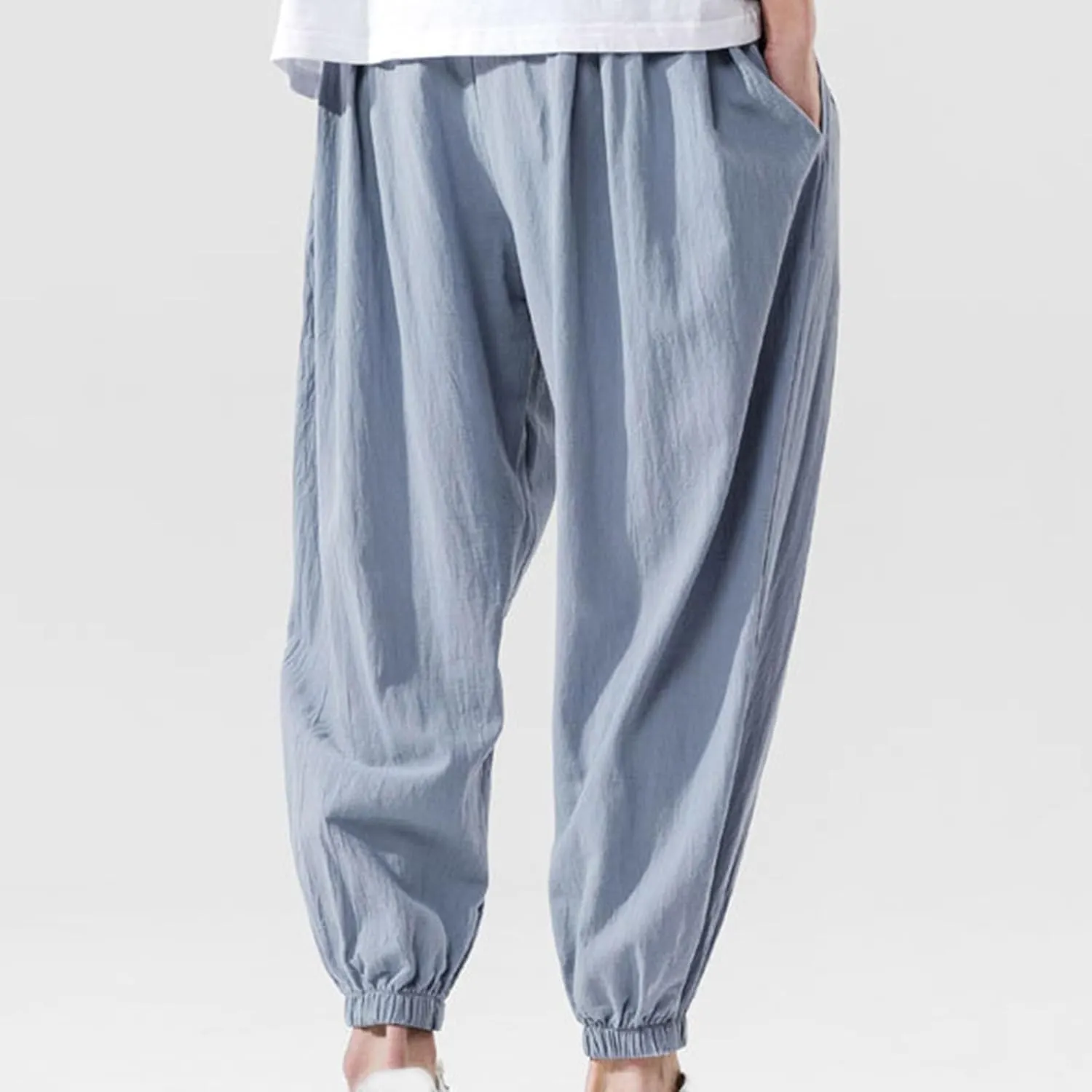 Mens Harem Pants Cotton Linen Elastic Waist Loose Casual Trousers Outdoor Baggy Trendy Joggers with Pockets