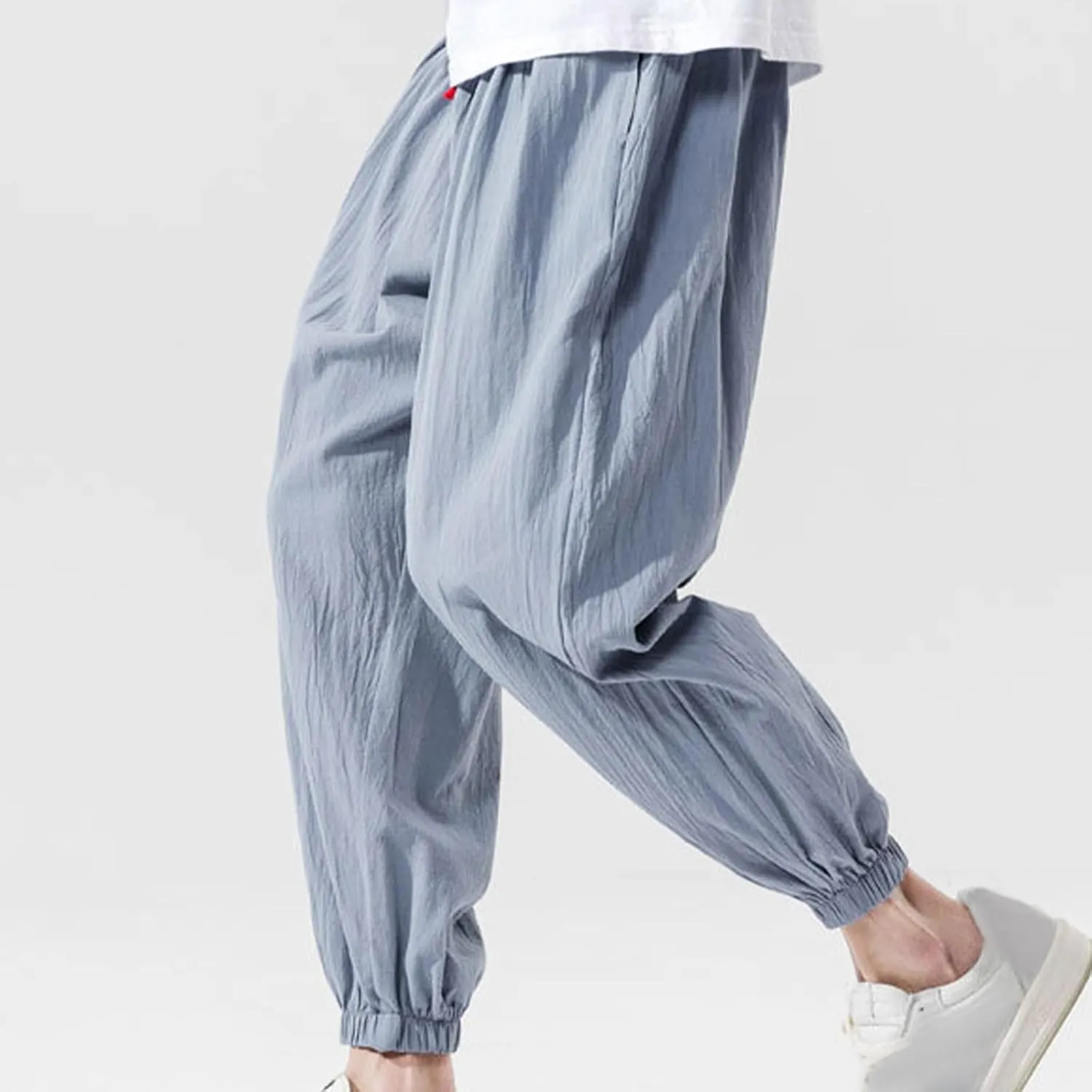 Mens Harem Pants Cotton Linen Elastic Waist Loose Casual Trousers Outdoor Baggy Trendy Joggers with Pockets