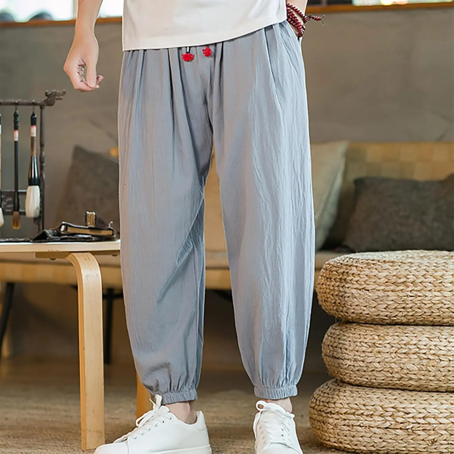 Mens Harem Pants Cotton Linen Elastic Waist Loose Casual Trousers Outdoor Baggy Trendy Joggers with Pockets