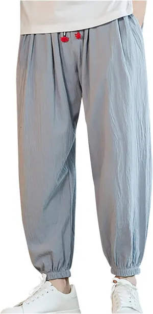 Mens Harem Pants Cotton Linen Elastic Waist Loose Casual Trousers Outdoor Baggy Trendy Joggers with Pockets