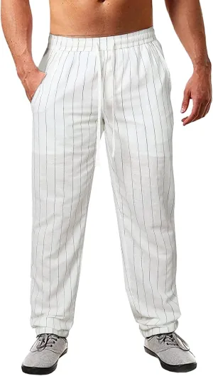 Men's Linen Elastic Waist Pants Lightweight Casual Pant Slim Fit Yoga Beach Pants with Pockets
