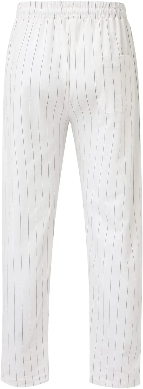 Men's Linen Elastic Waist Pants Lightweight Casual Pant Slim Fit Yoga Beach Pants with Pockets