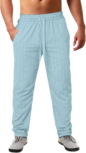 Men's Linen Elastic Waist Pants Lightweight Casual Pant Slim Fit Yoga Beach Pants with Pockets