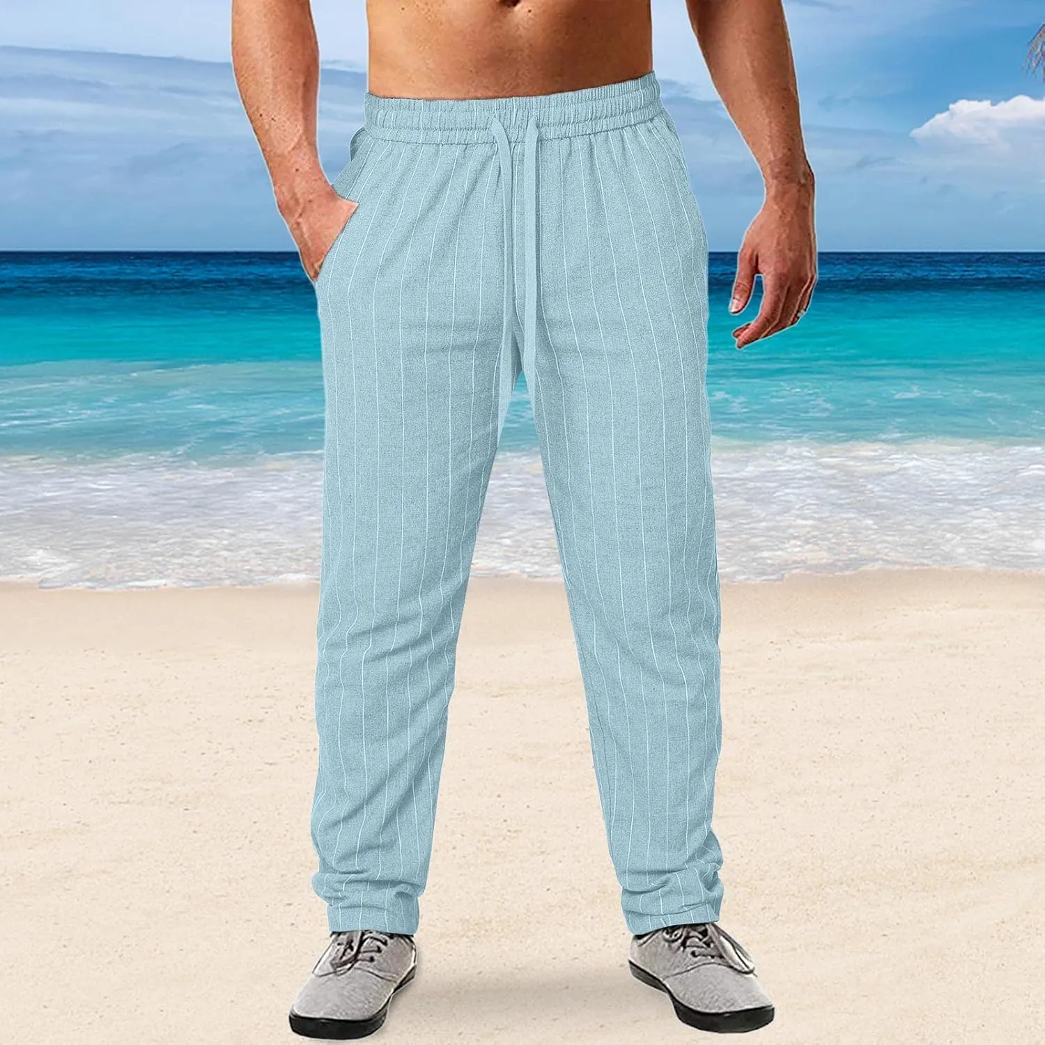 Men's Linen Elastic Waist Pants Lightweight Casual Pant Slim Fit Yoga Beach Pants with Pockets