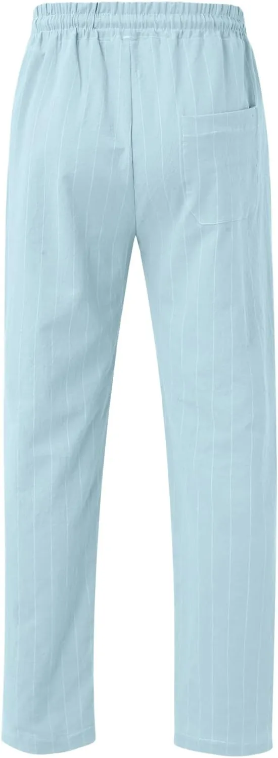 Men's Linen Elastic Waist Pants Lightweight Casual Pant Slim Fit Yoga Beach Pants with Pockets