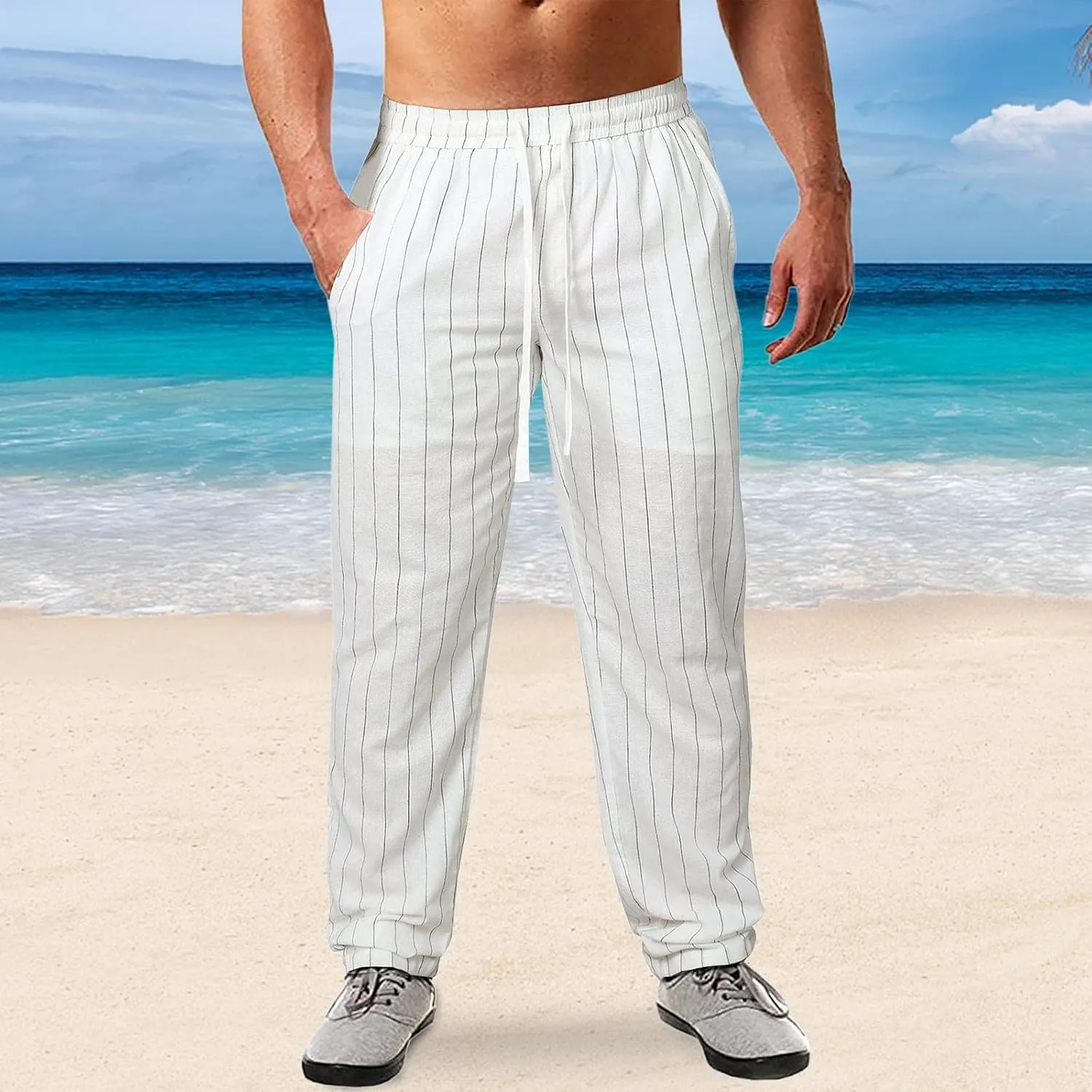 Men's Linen Elastic Waist Pants Lightweight Casual Pant Slim Fit Yoga Beach Pants with Pockets