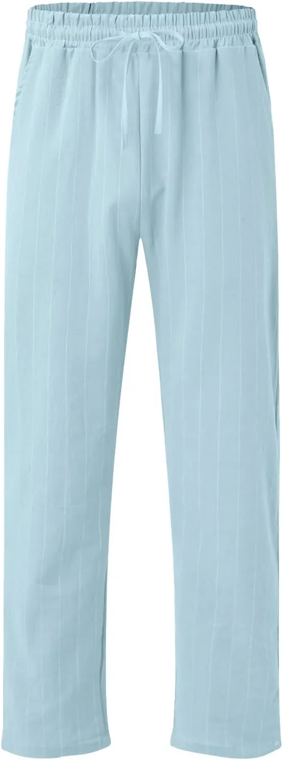 Men's Linen Elastic Waist Pants Lightweight Casual Pant Slim Fit Yoga Beach Pants with Pockets
