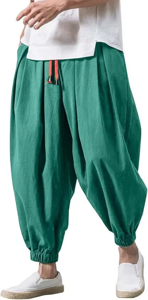 Men's Linen Harem Pants Baggy Hippie Casual Pants Stretchy Waist Drop Crotch Comfy Joggers Trousers with Pocket 2025