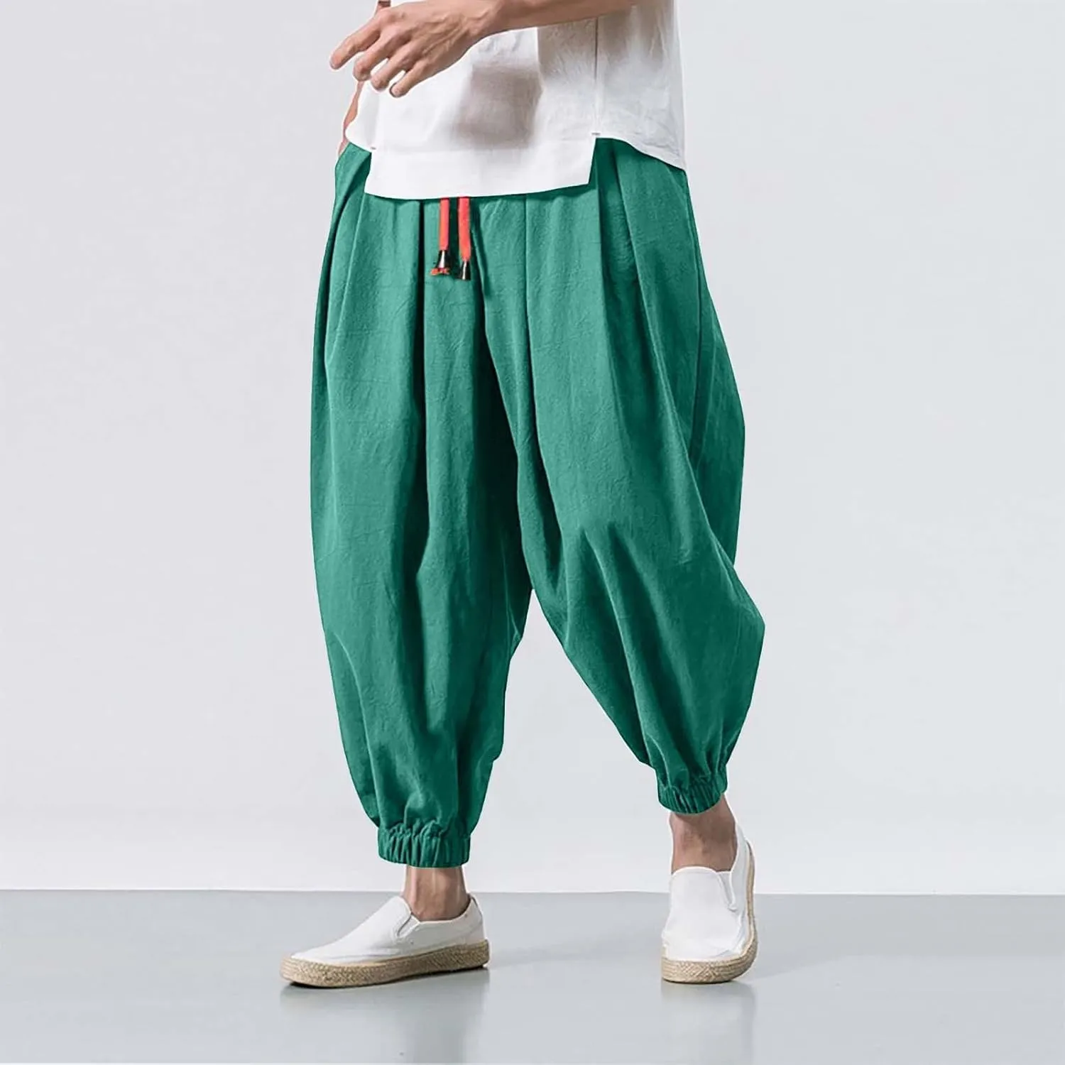 Men's Linen Harem Pants Baggy Hippie Casual Pants Stretchy Waist Drop Crotch Comfy Joggers Trousers with Pocket 2025