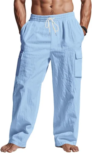 Men's Linen Pants Pants for Men Baggy Straight Leg High Waisted Loose Fit Cotton Linen Casual Summer Beach Pant