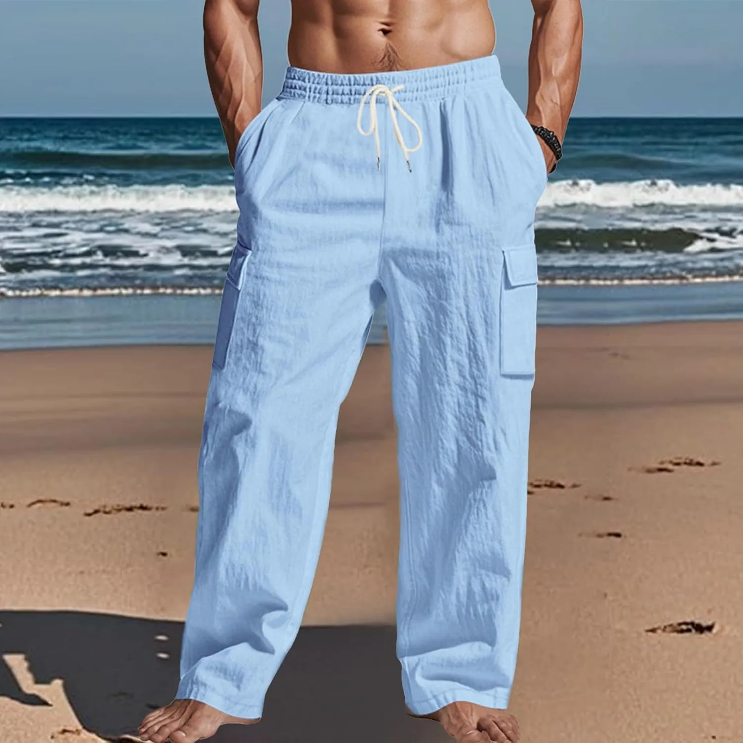 Men's Linen Pants Pants for Men Baggy Straight Leg High Waisted Loose Fit Cotton Linen Casual Summer Beach Pant