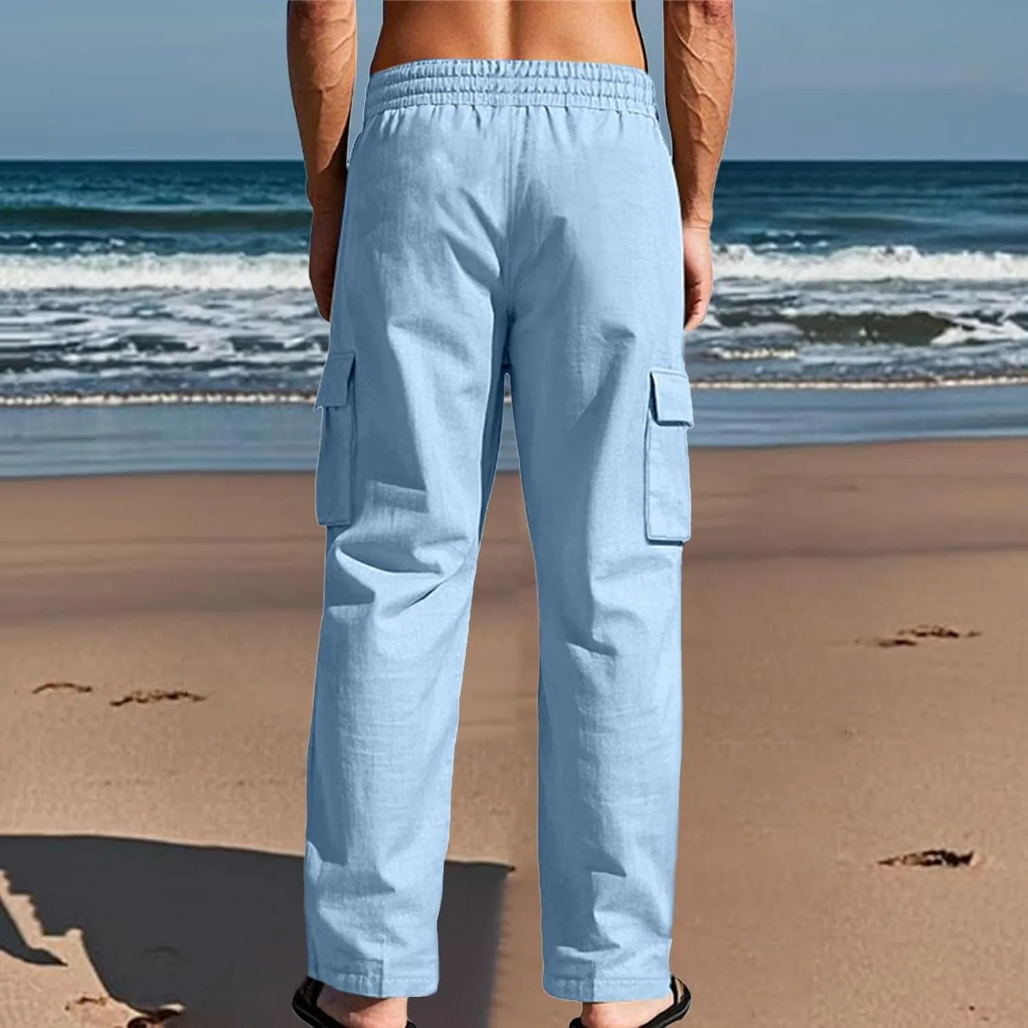 Men's Linen Pants Pants for Men Baggy Straight Leg High Waisted Loose Fit Cotton Linen Casual Summer Beach Pant