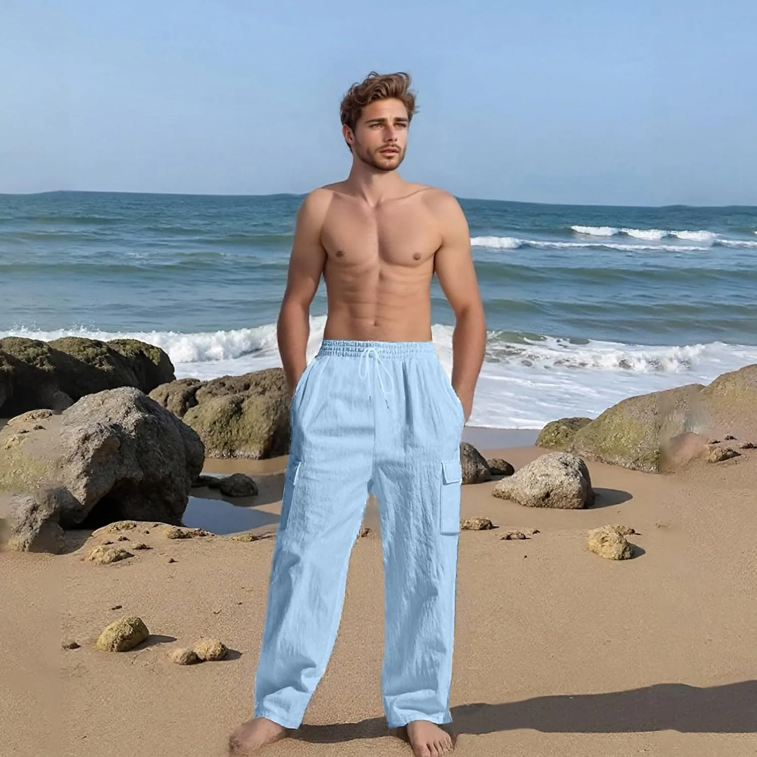 Men's Linen Pants Pants for Men Baggy Straight Leg High Waisted Loose Fit Cotton Linen Casual Summer Beach Pant