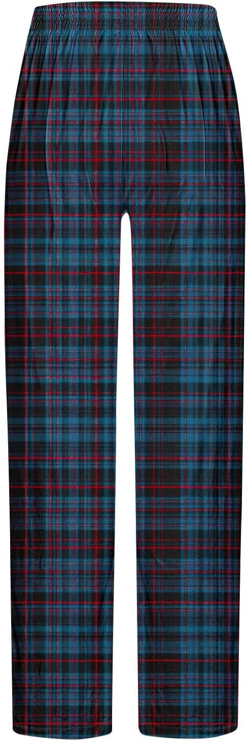 Mens Pajama Pants Trendy Plaid Print Home Pants Elastic Waist Casual Pants Lightweight Straight Leg Slim Fit Trousers
