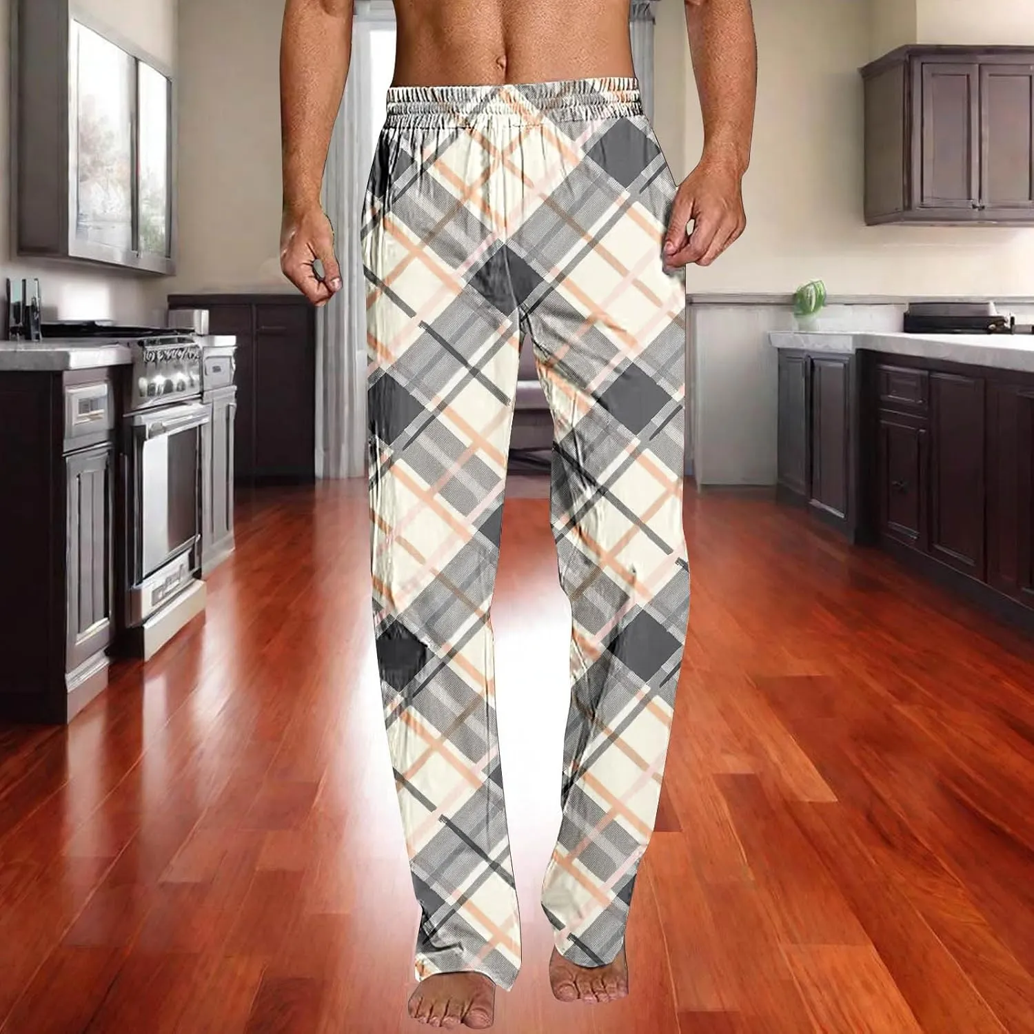 Mens Pajama Pants Trendy Plaid Print Home Pants Elastic Waist Casual Pants Lightweight Straight Leg Slim Fit Trousers