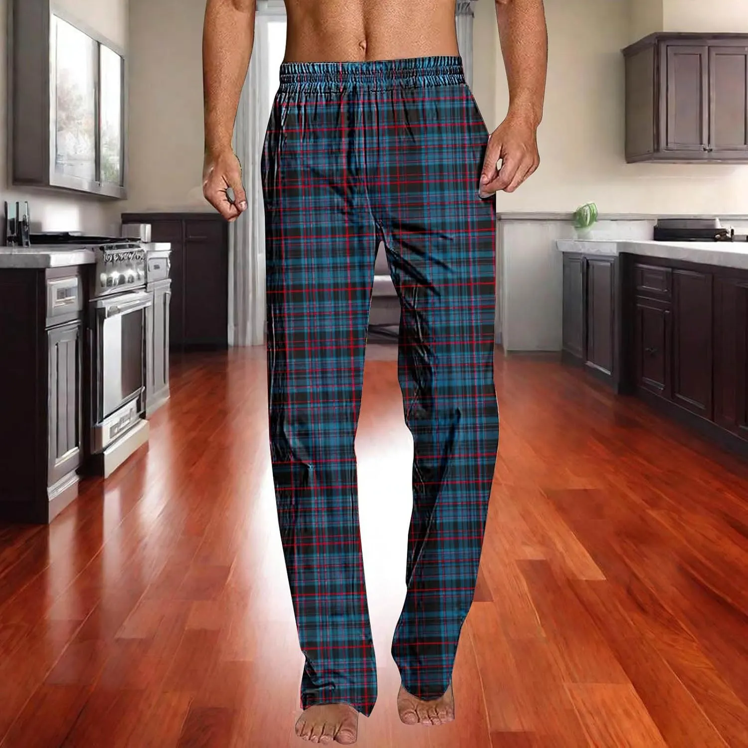 Mens Pajama Pants Trendy Plaid Print Home Pants Elastic Waist Casual Pants Lightweight Straight Leg Slim Fit Trousers