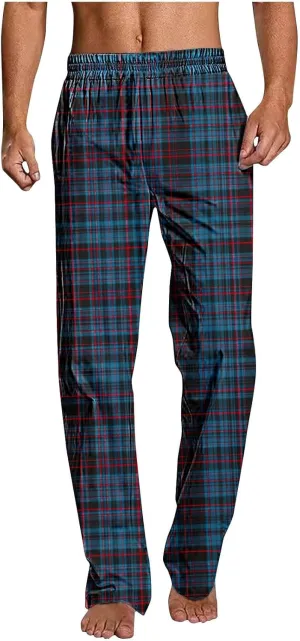 Mens Pajama Pants Trendy Plaid Print Home Pants Elastic Waist Casual Pants Lightweight Straight Leg Slim Fit Trousers