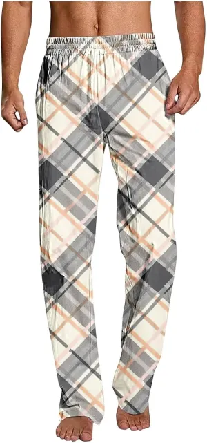 Mens Pajama Pants Trendy Plaid Print Home Pants Elastic Waist Casual Pants Lightweight Straight Leg Slim Fit Trousers