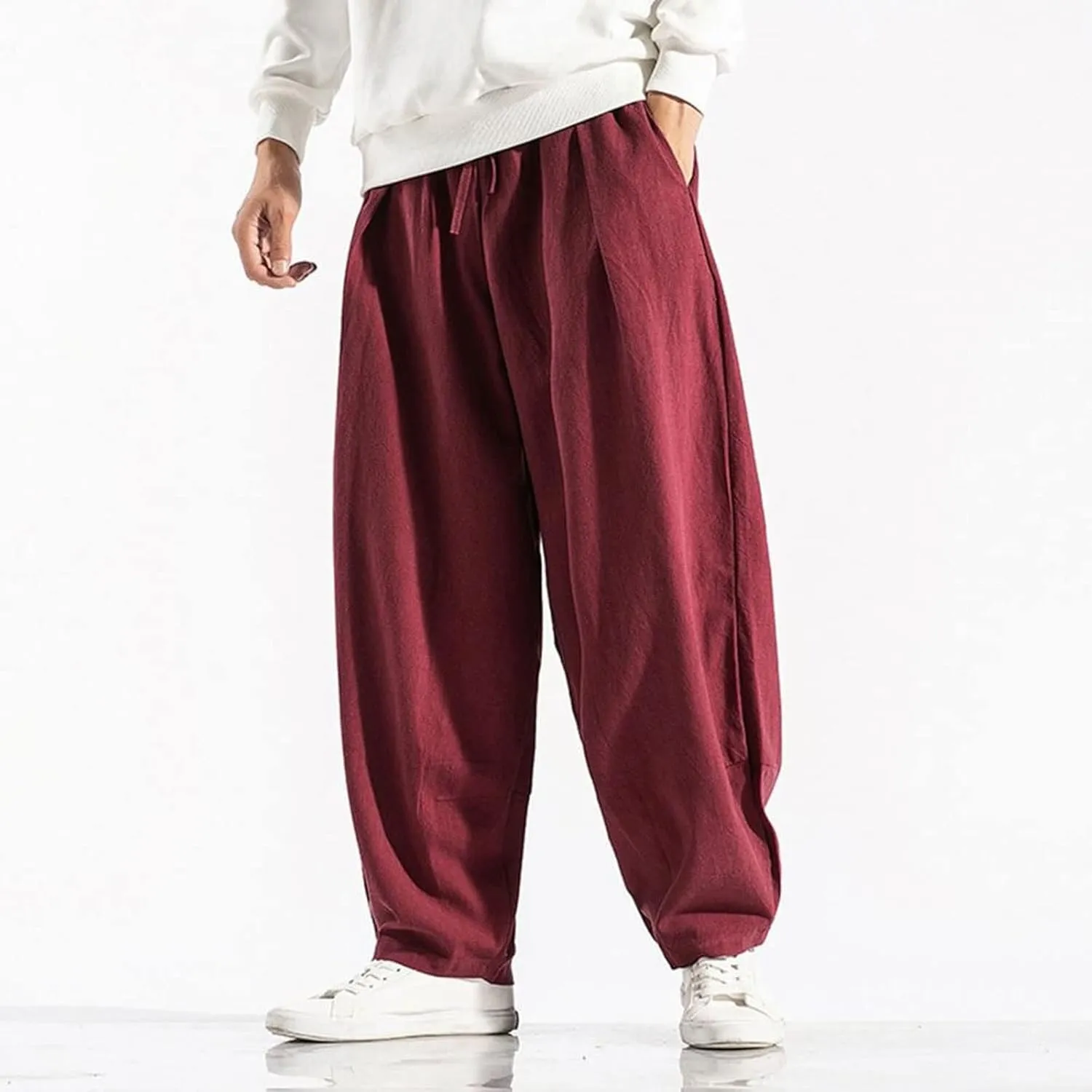 Men's Pants Harem Pants Solid Color Drawstring Men Mid Rise Pockets Pants for Daily Wear