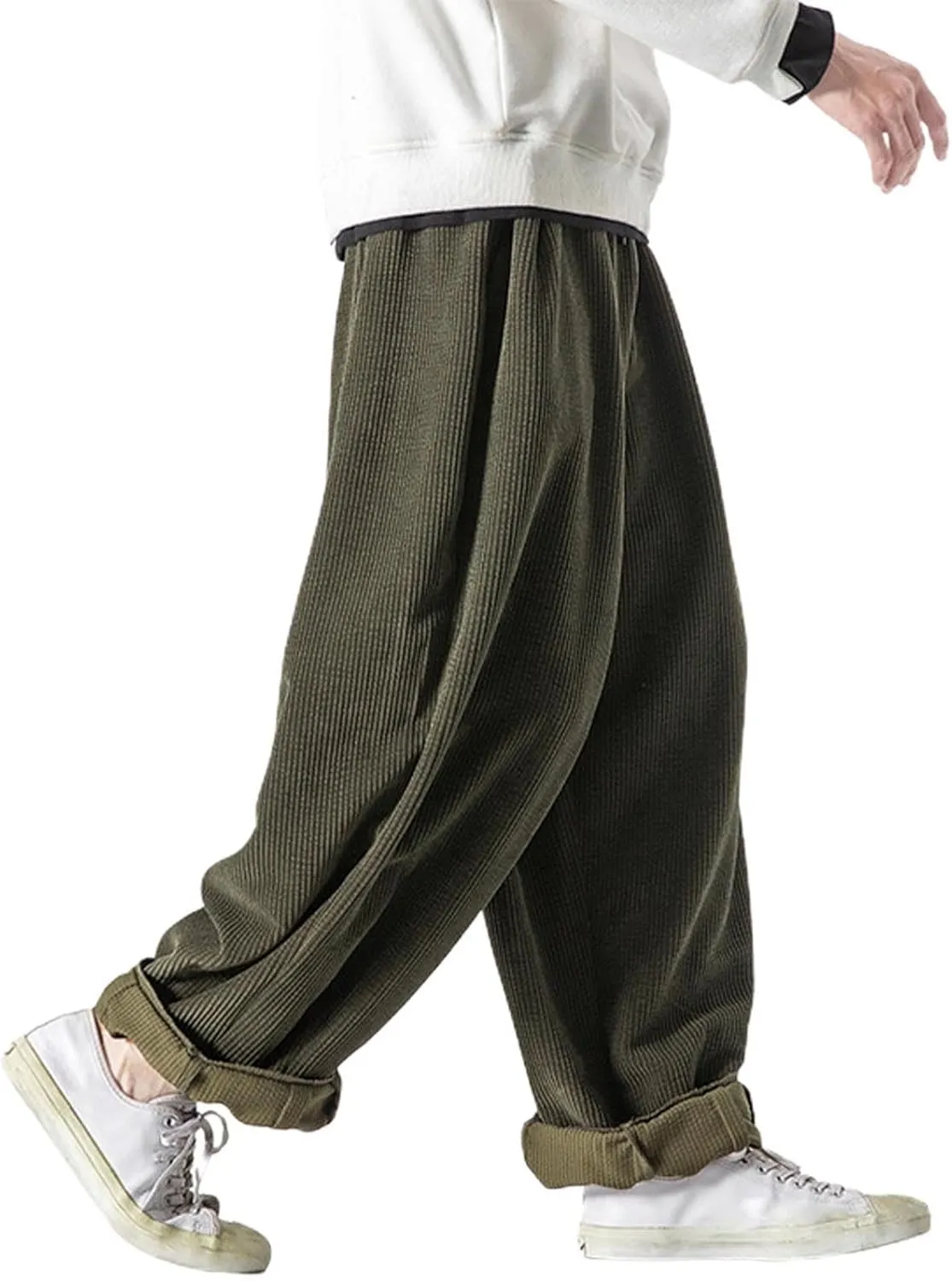 Men's Retro Corduroy Pants Elastic Waist Drawstring Baggy Harem Pants Stretch Fit Plus Size Bloomers Slacks with Pockets