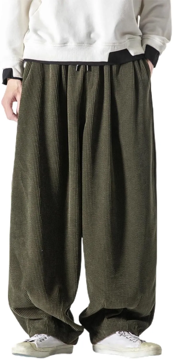 Men's Retro Corduroy Pants Elastic Waist Drawstring Baggy Harem Pants Stretch Fit Plus Size Bloomers Slacks with Pockets