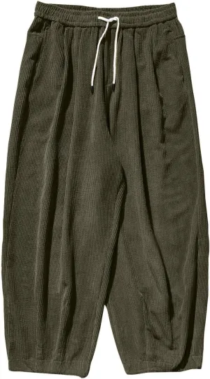 Men's Retro Corduroy Pants Elastic Waist Drawstring Baggy Harem Pants Stretch Fit Plus Size Bloomers Slacks with Pockets