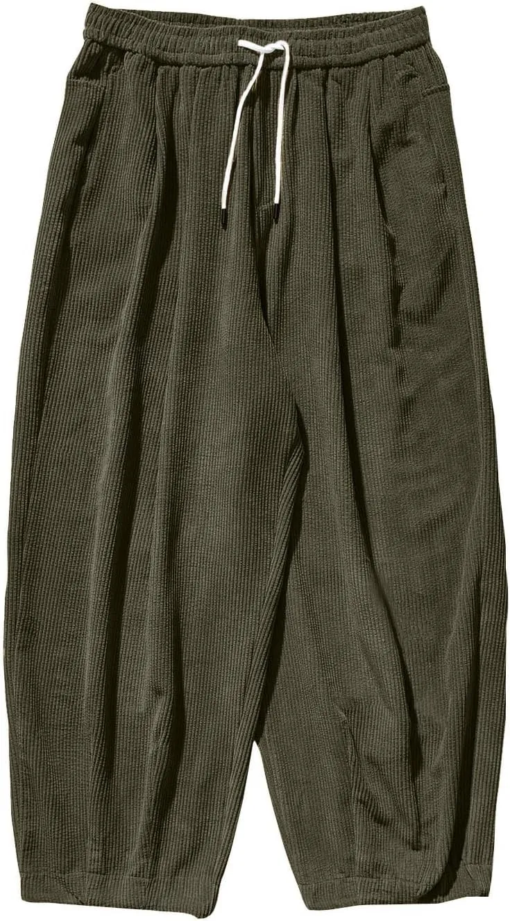 Men's Retro Corduroy Pants Elastic Waist Drawstring Baggy Harem Pants Stretch Fit Plus Size Bloomers Slacks with Pockets