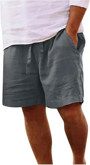 Mens Shorts Summer Trendy Cotton Linen Sport Pants Elastic Waist Drawstring Trousers Straight Beach Pants with Pockets