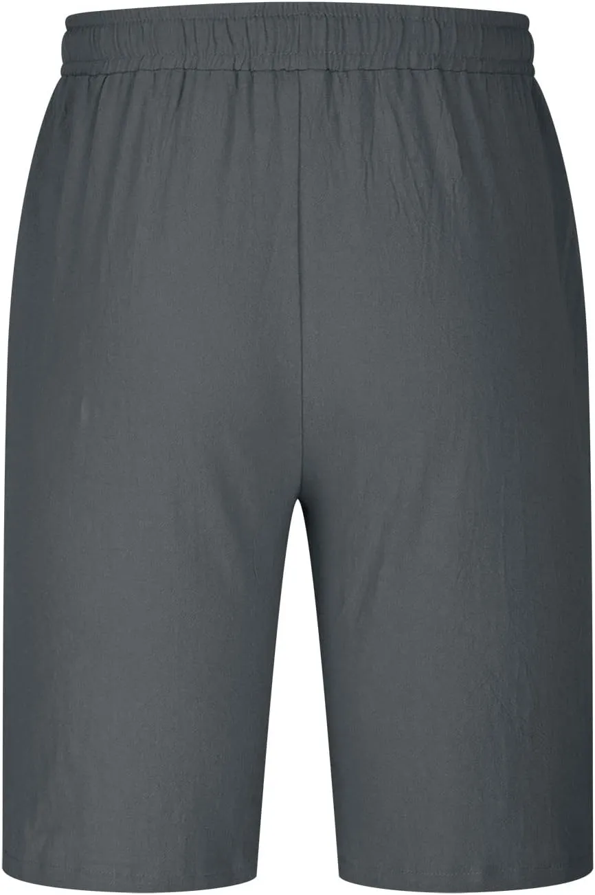 Mens Shorts Summer Trendy Cotton Linen Sport Pants Elastic Waist Drawstring Trousers Straight Beach Pants with Pockets