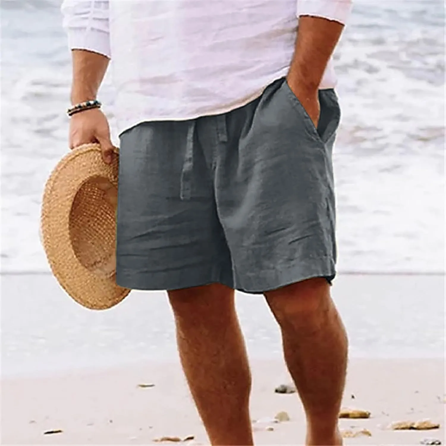 Mens Shorts Summer Trendy Cotton Linen Sport Pants Elastic Waist Drawstring Trousers Straight Beach Pants with Pockets