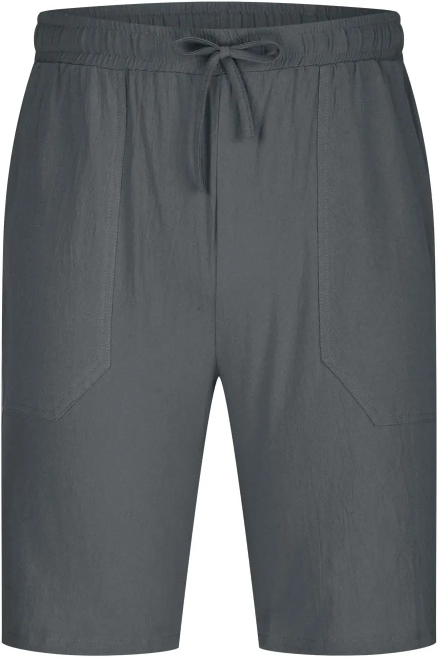 Mens Shorts Summer Trendy Cotton Linen Sport Pants Elastic Waist Drawstring Trousers Straight Beach Pants with Pockets