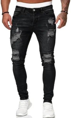 Men's Slim Fit Jeans Fashion Stretch Destroyed Ripped Skinny Jeans Side Striped Denim Pants with Pockets