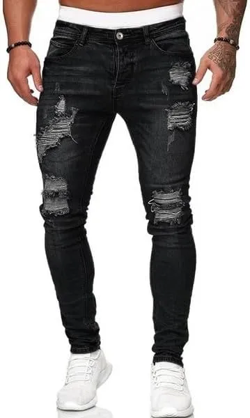 Men's Slim Fit Jeans Fashion Stretch Destroyed Ripped Skinny Jeans Side Striped Denim Pants with Pockets