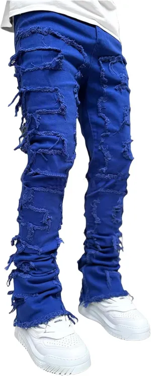 Mens Slim Fit Stretch Jeans Distressed Patchwork Stacked Frayed Skinny Denim Pants Straight Leg Trouser